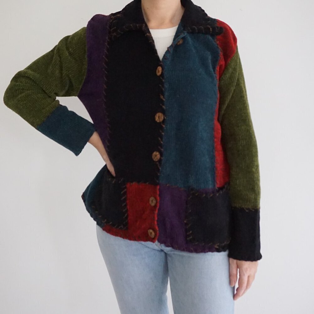 Vintage Patchwork Knit Button-Up Cardigan Boho Cabincore Artsy Grandma 1X